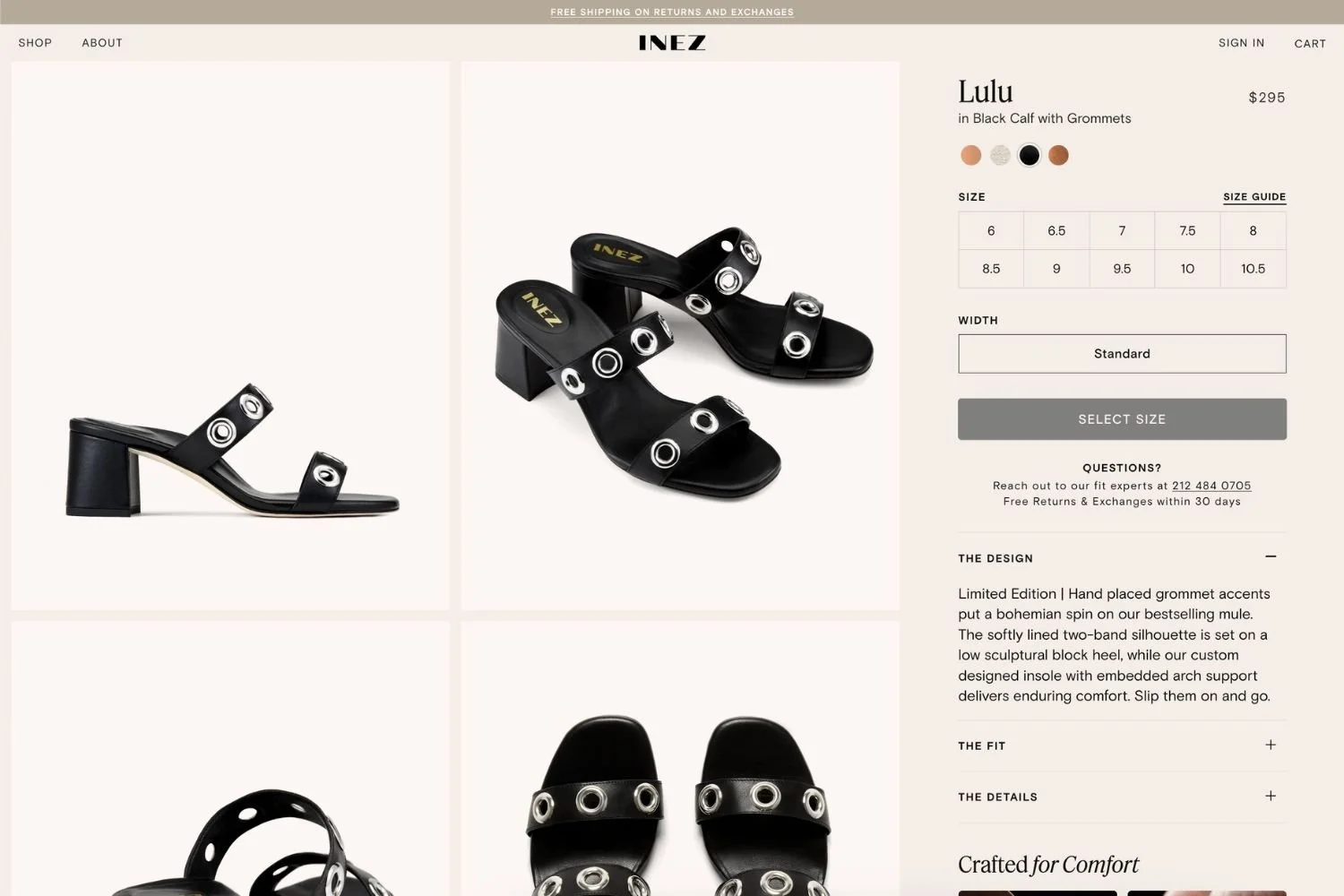 Product page for the footwear brand Inez