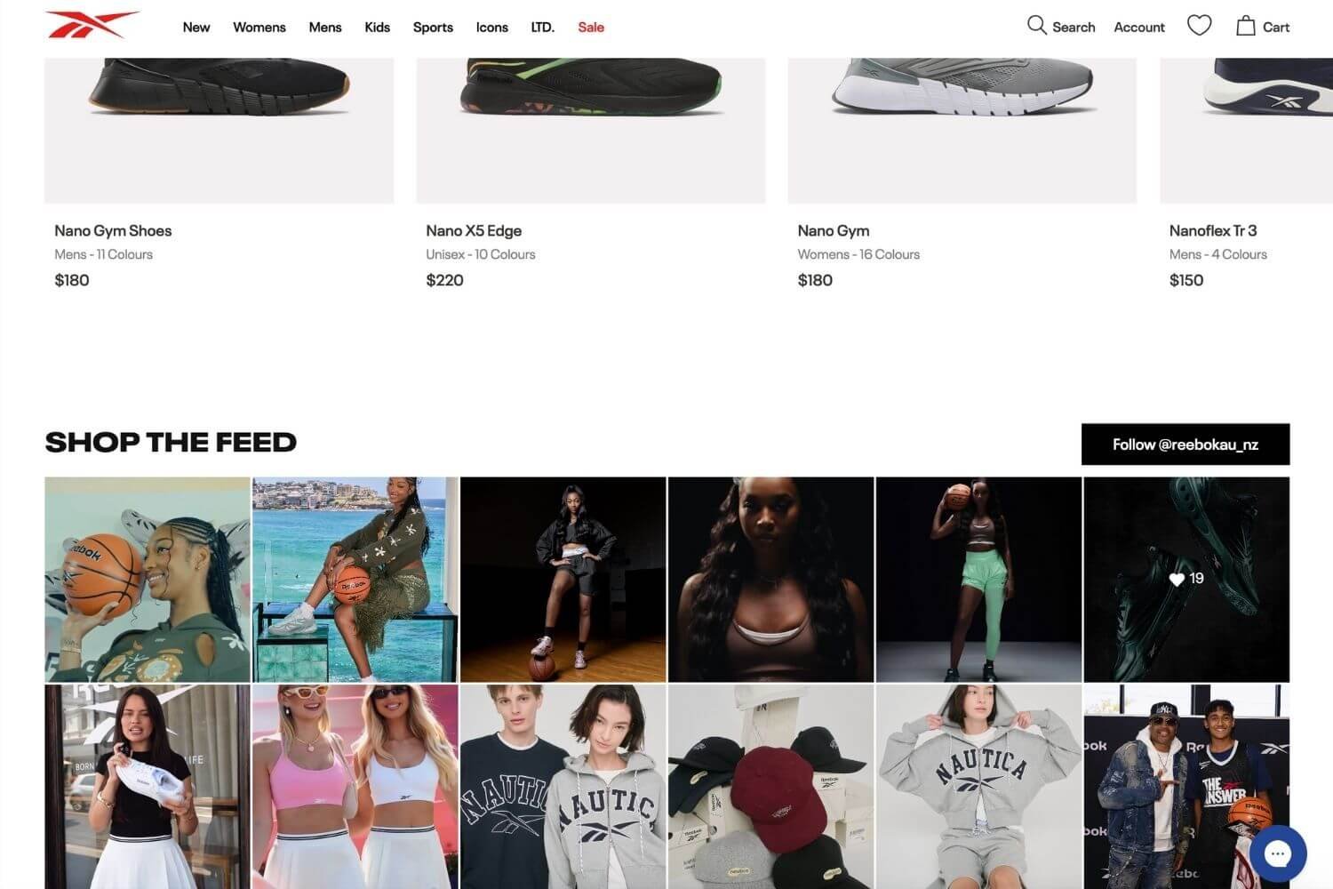 Reebok Australia homepage Instagram feed